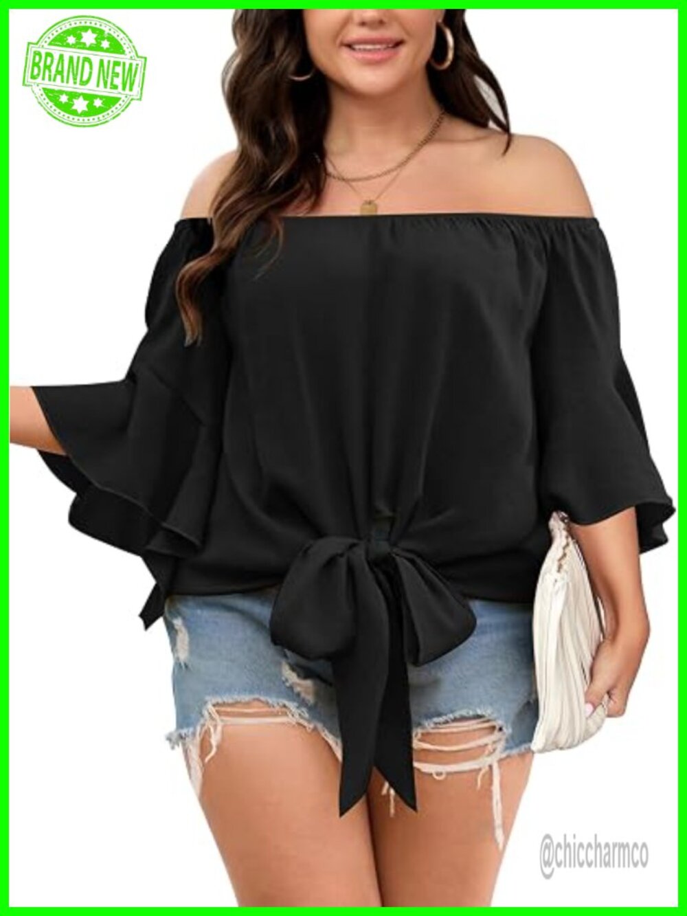 Plus Size Off Shoulder Blouse Tops Tie Front Flowy Half Sleeve Blouse